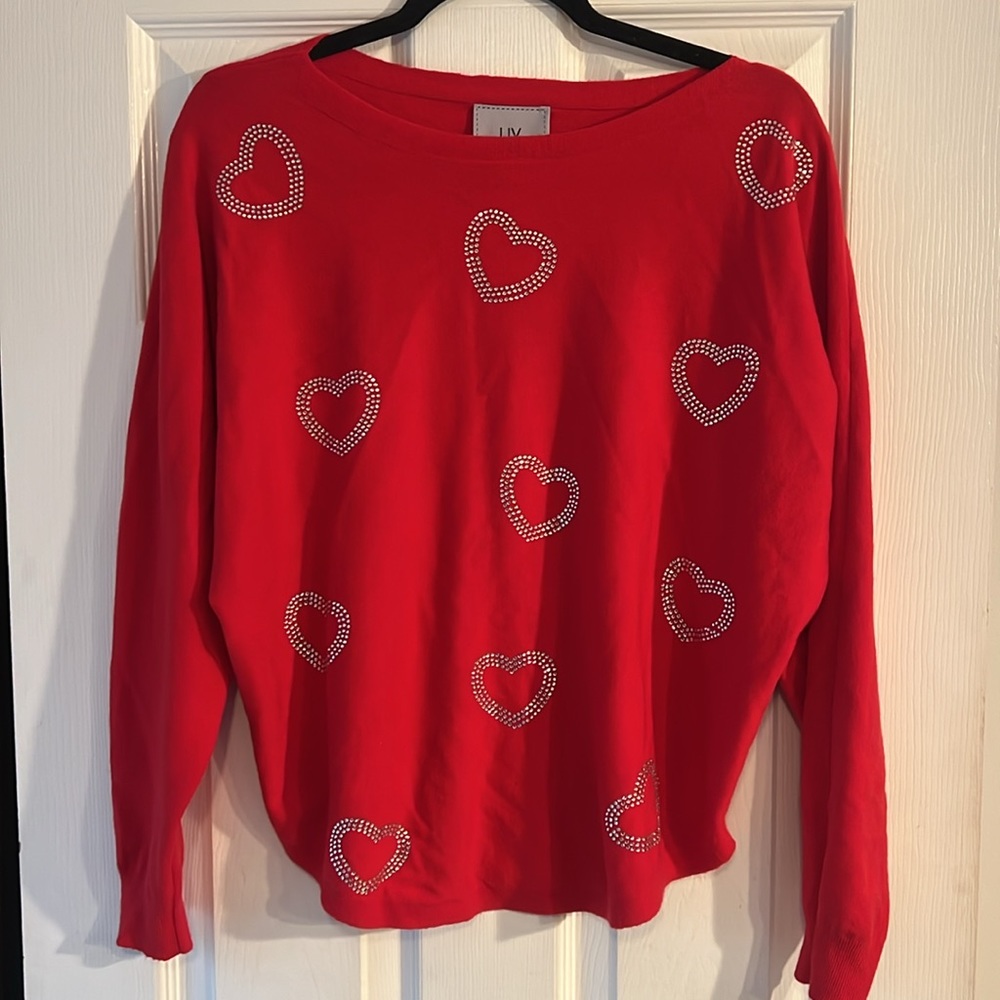 LIV Milano Large soft red sweater with heart rhinestone accents